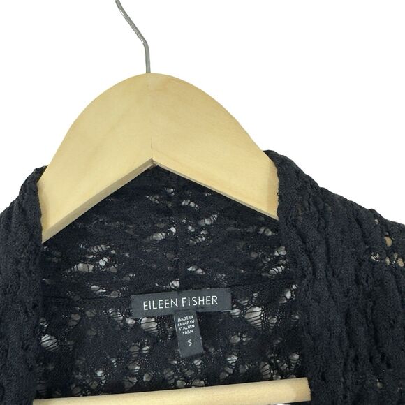 Eileen Fisher Small Wool Cardigan Sweater Crop Black Sheer Crochet Lace Womens - Picture 3 of 12